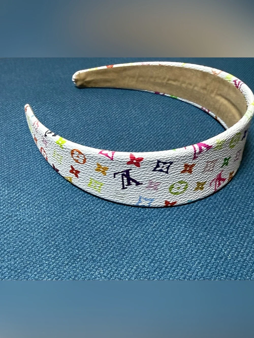 Designer, vegan leather, white pink purple, multicolored monogram Headband new